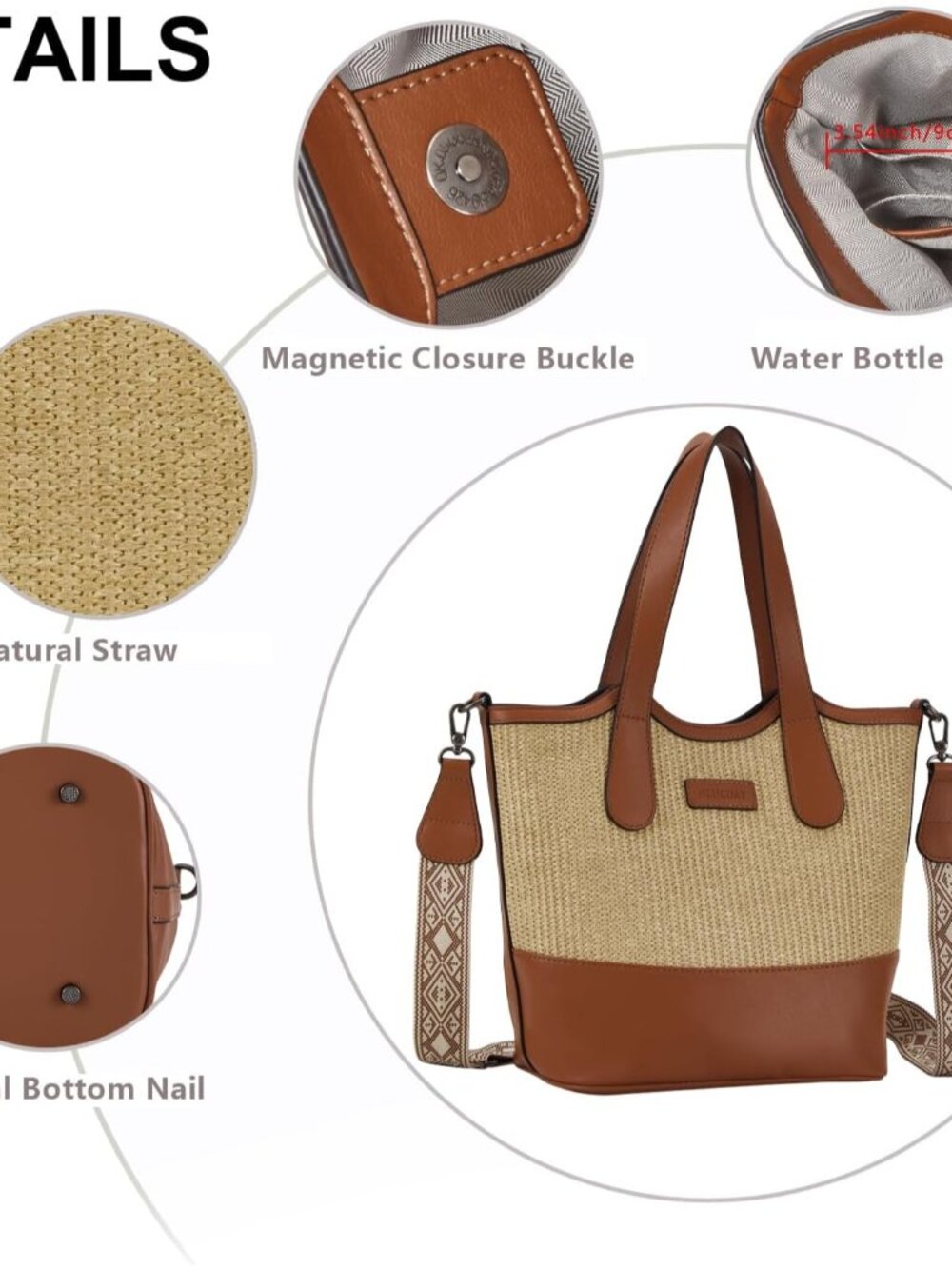 Tote Bag for Women,Straw&Vegan Leather Bucket Bags Crossbody Top Handle Purses A - Picture 8 of 9